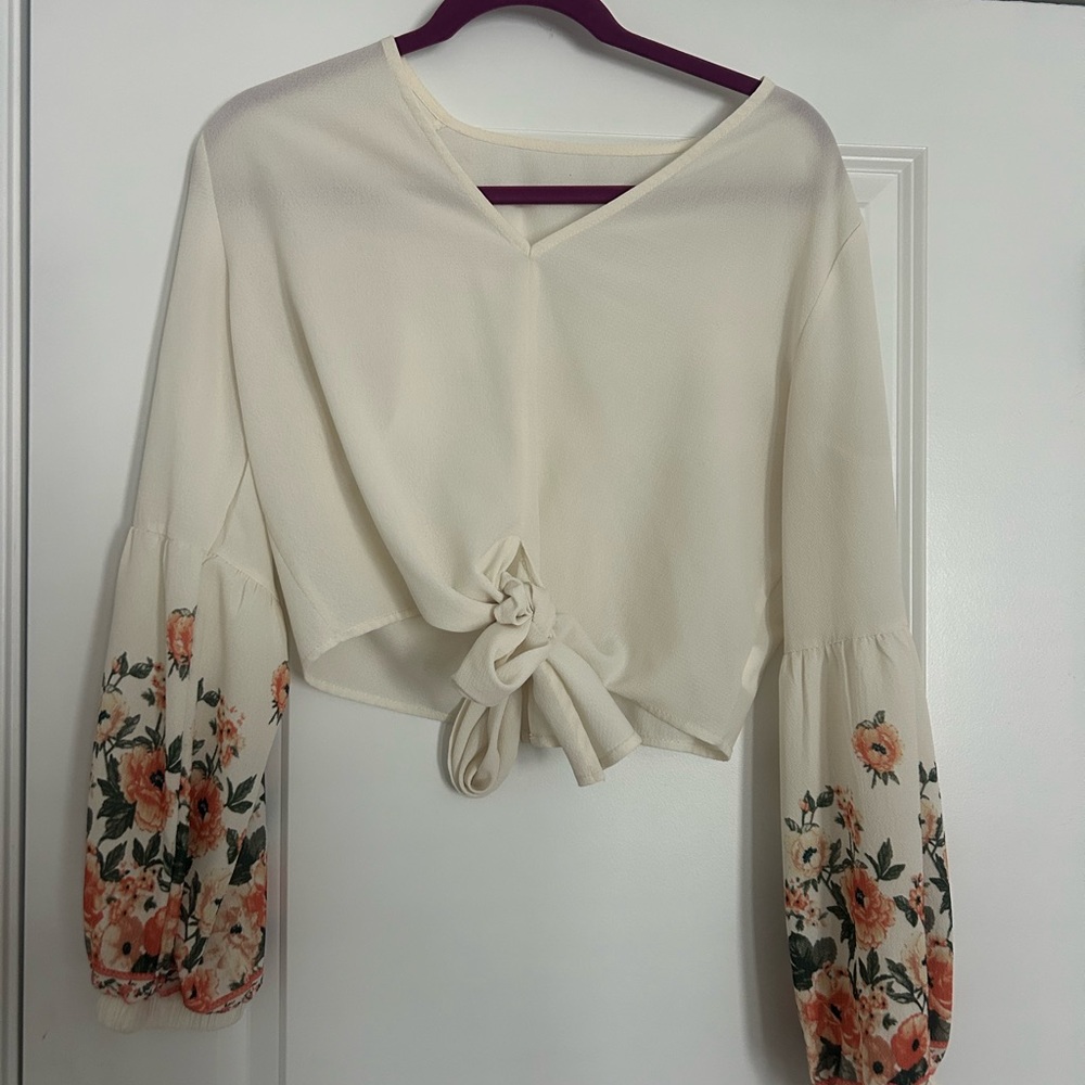 SHEIN Cream Blouse with Floral Sleeves